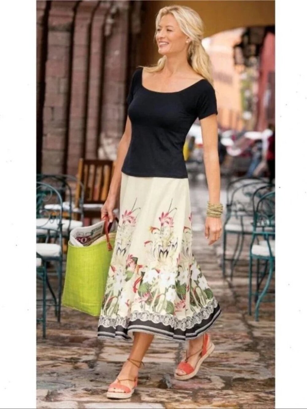 Soft Surroundings Cream Ivory Floral Midi Skirt Spring Meadow Print Large Whimsy
